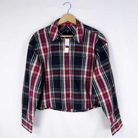 J Crew Cropped Tartan Plaid Button Down Shirt Women's Medium Black Red - Picture 2 of 15